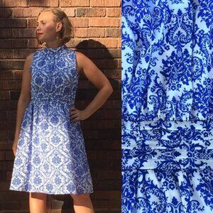 Azalea White & Royal Blue Damask Print Sleeveless Dress, size M